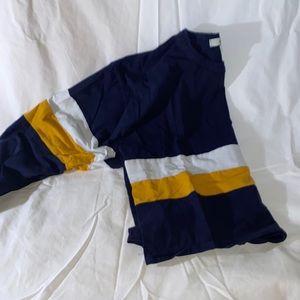 blue with yellow and white stripe cropped sweater